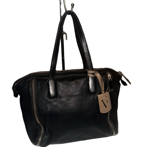 FURLA AMAZZONE BLACK with BLACK ZIPPER STUD SATCHEL Made In Italy $698 EUC - Picture 3 of 11